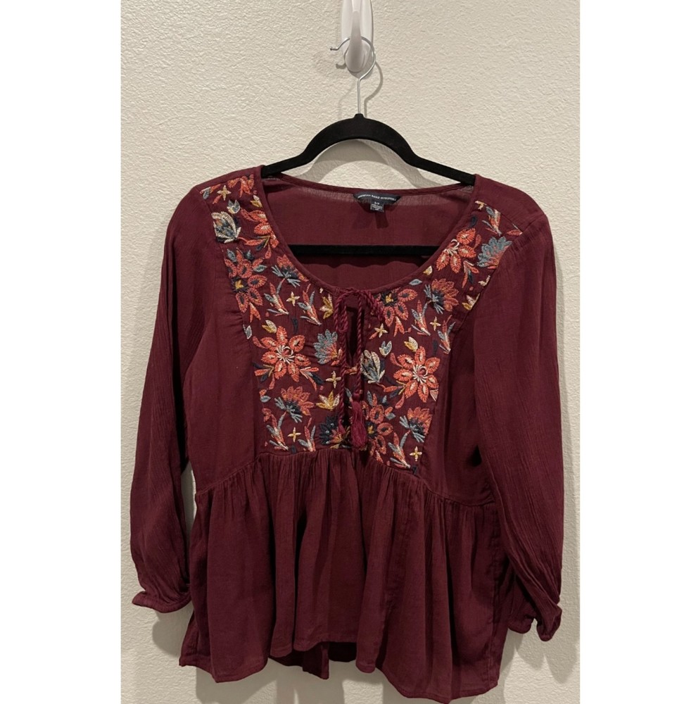 AMERICAN EAGLE Burgundy Embroidered Tie Blouse